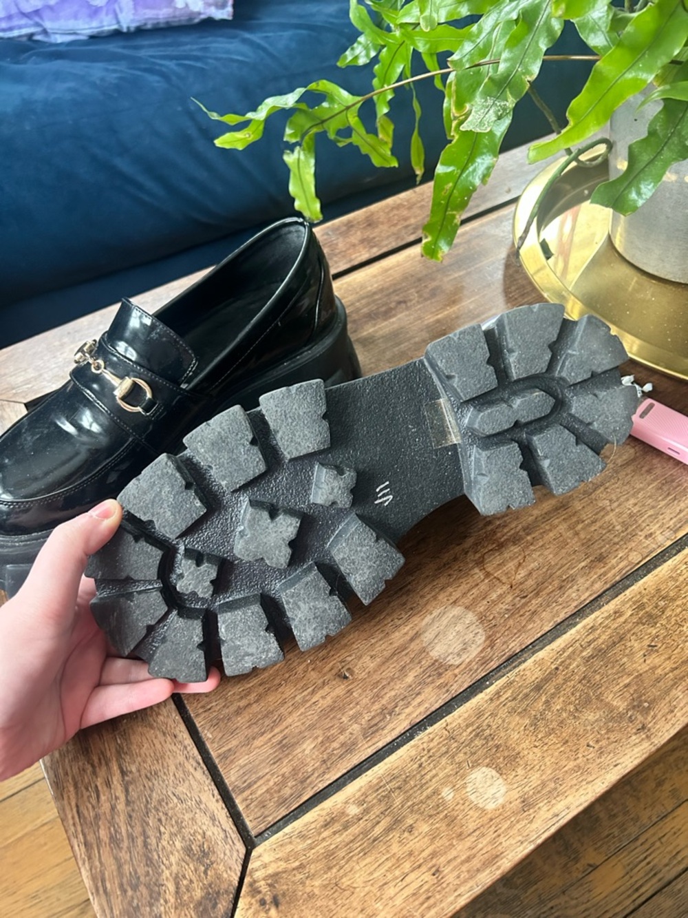 PrettyLittleThing Black Patent Lug Sole Loafers with Gold Metal - Picture 3 of 4